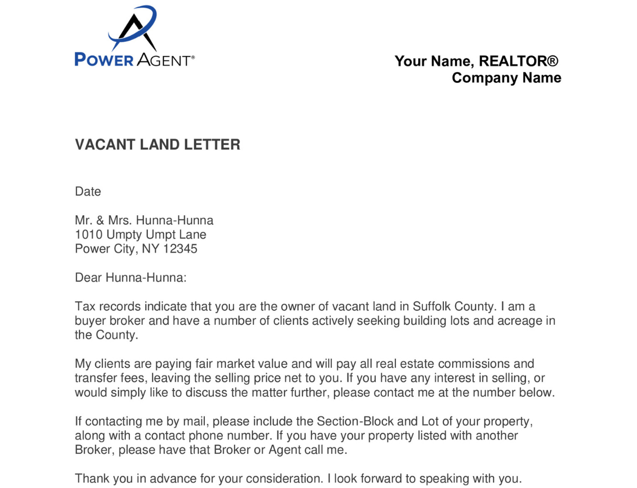 Letter – Vacant Land