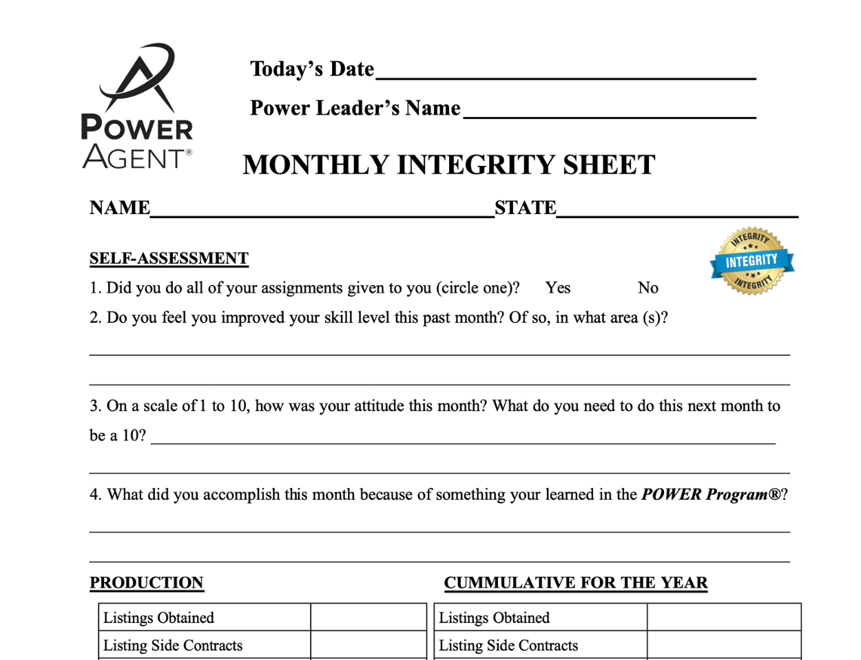 Form – New Integrity Sheet