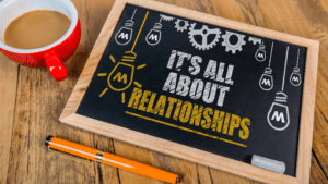 chalkboard sign that says "it's all about relationships!" and a cup of coffee