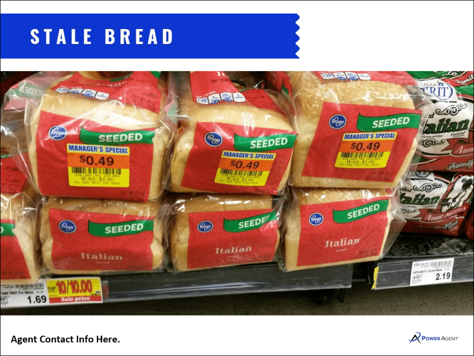 loaves of stale bread sitting on a shelf in a grocery store