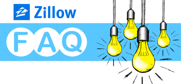 Zillow FAQ sign with illuminated lightbulbs hanging from the ceiling
