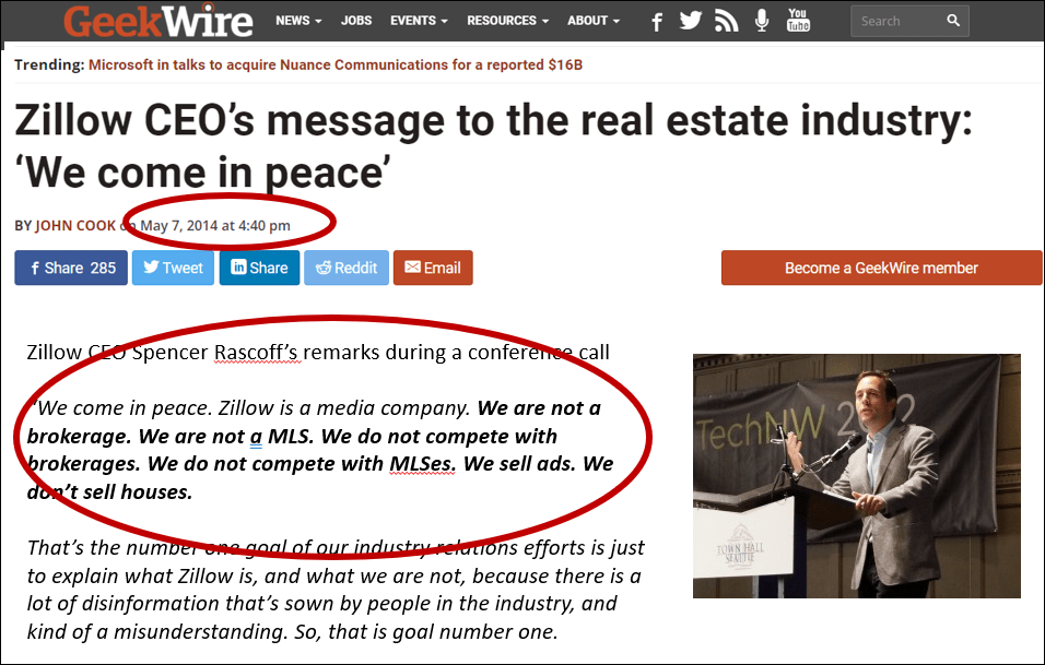 article on GeekWire from Zillow CEO about "coming in peace" when it comes to now being a real estate brokerage