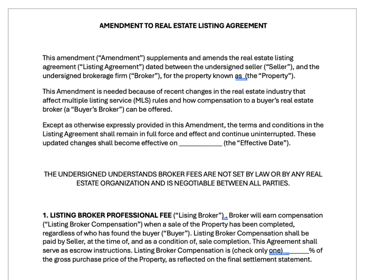 Forms – Amendment to Real Estate Listing Agreement