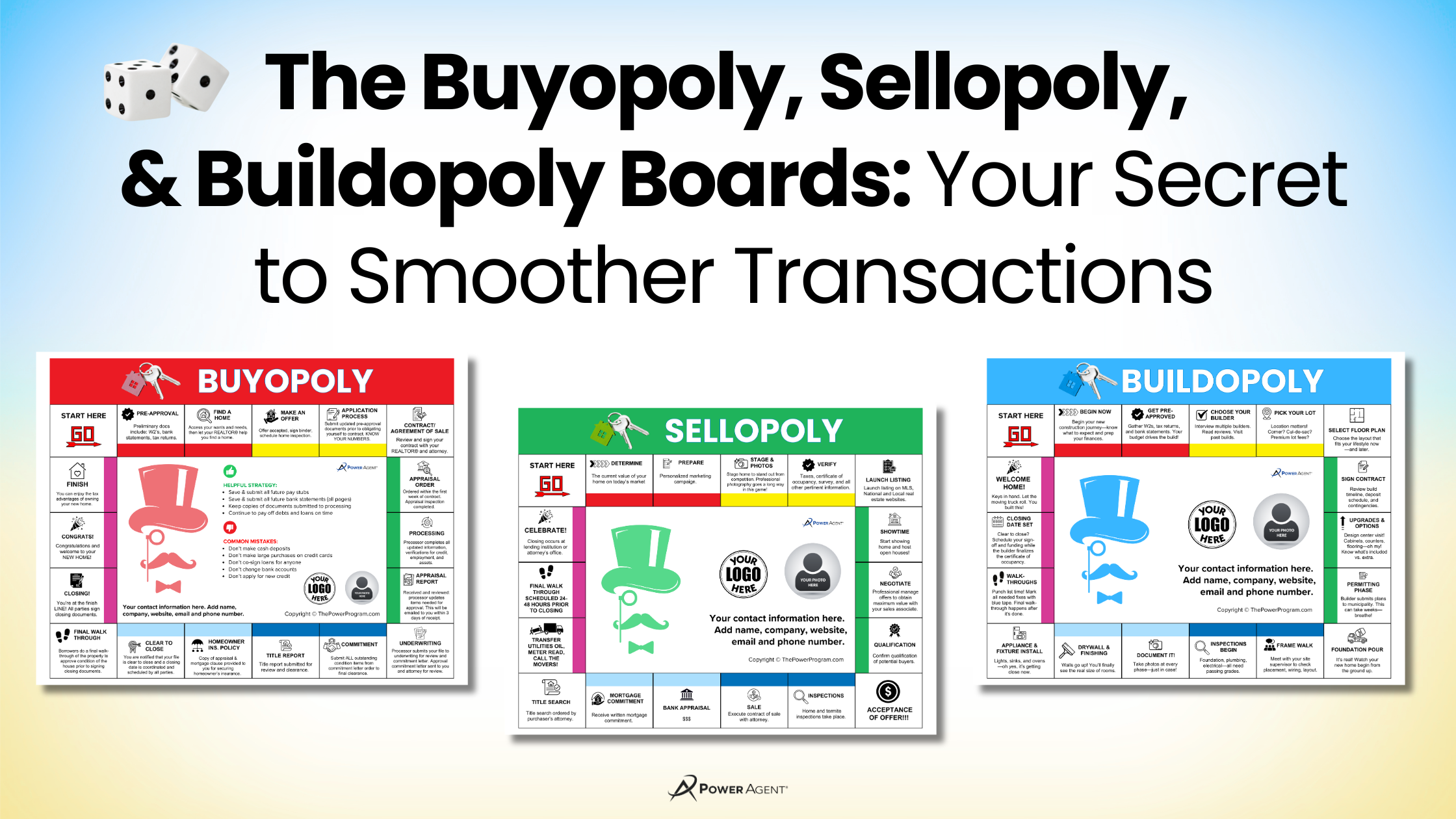 sellopoly buyopoly buildopoly game boards for real estate agents