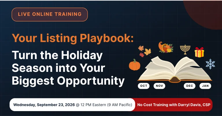 Hero banner promoting live online training: 'Your Listing Playbook' with holiday-themed graphics and calendar icons.